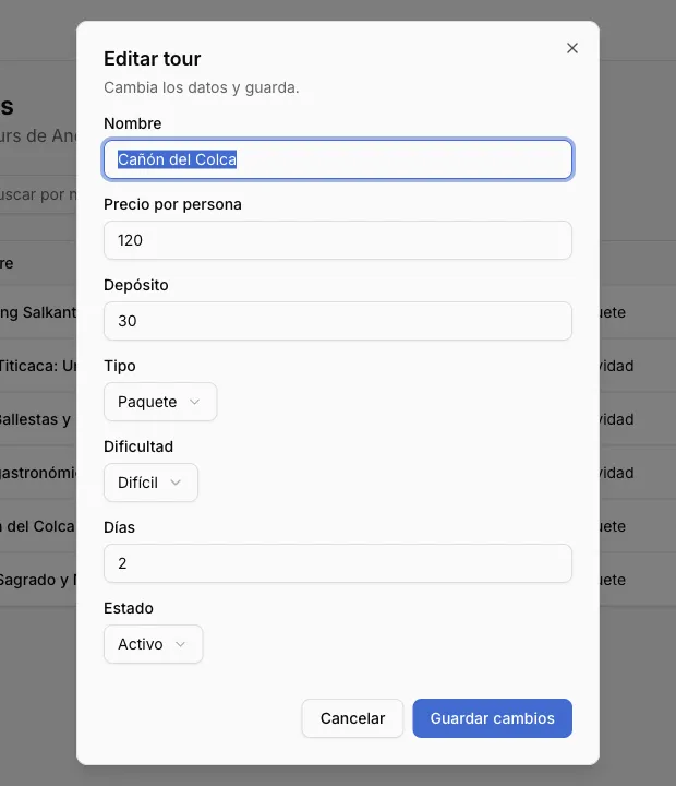The generated form dialog: a decimal price input, two selects for the closed lists and the status select