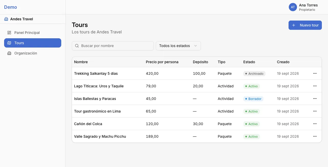 A generated SaaS Maker app: the tours module list with search, status filter and row actions